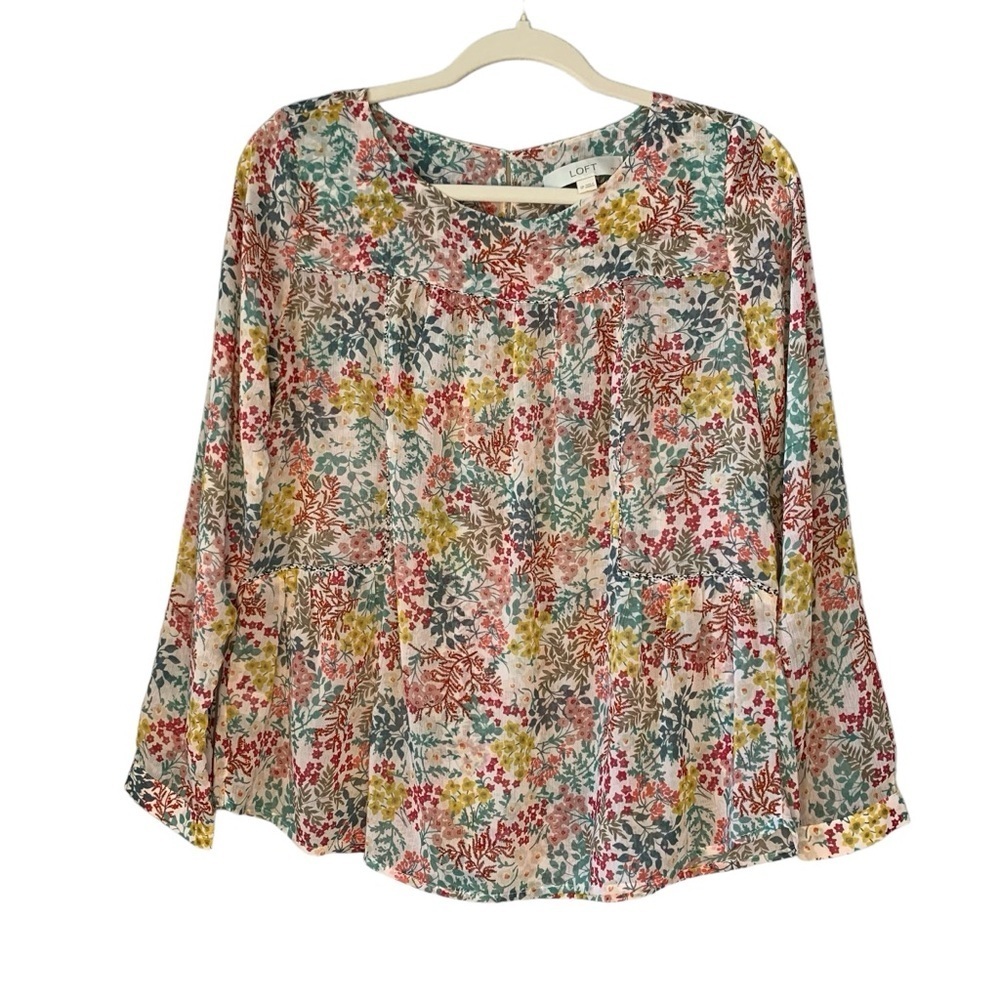 Loft cream multi floral sheer long sleeve blouse. Size SP